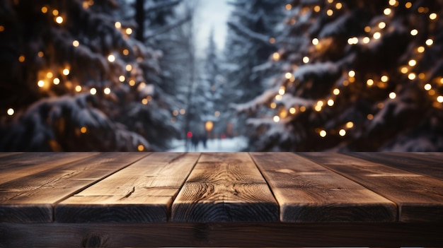 Lege houten tafel met een feestelijke kerst