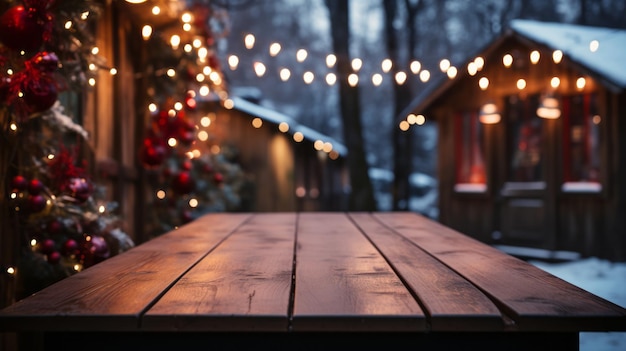 Lege houten tafel met een feestelijke kerst