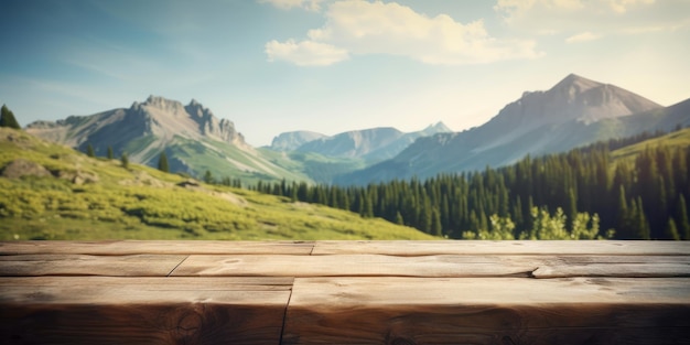 Lege houten tafel met groene bergachtergrond vrije ruimte voor productweergave generatieve ai