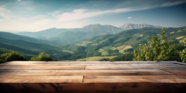 Lege houten tafel met groene bergachtergrond Vrije ruimte voor productweergave Generatieve Ai