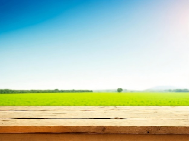 Lege houten tafel met groene boerderij achtergrond blanco plaats voor product