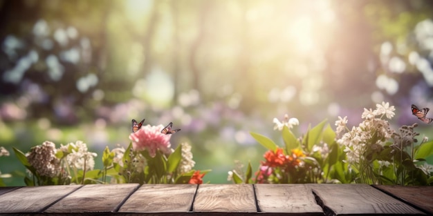 Lege houten tafel met lentebloem en vlinderachtergrond Generatieve Ai