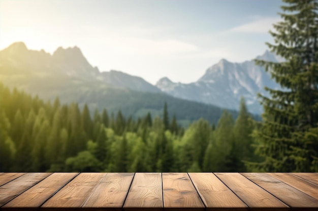 Lege houten tafel met natuur landschap achtergrond