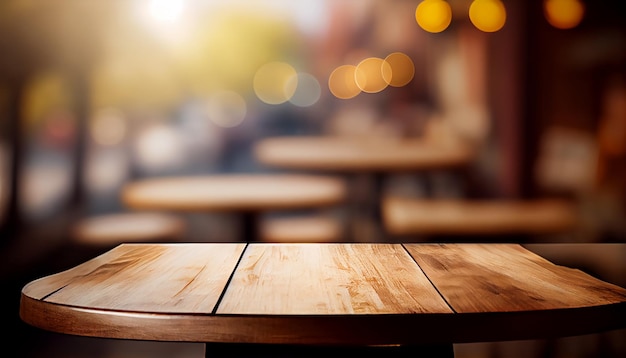 Lege houten tafel met onscherpe achtergrond van buitencafé of coffeeshop
