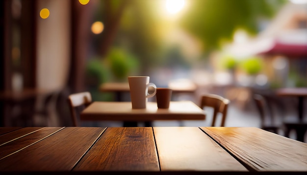 Lege houten tafel met onscherpe achtergrond van buitencafé of coffeeshop