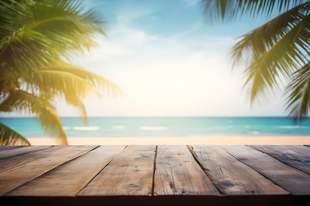 Lege houten tafel met palmbomen en het strand op de achtergrond