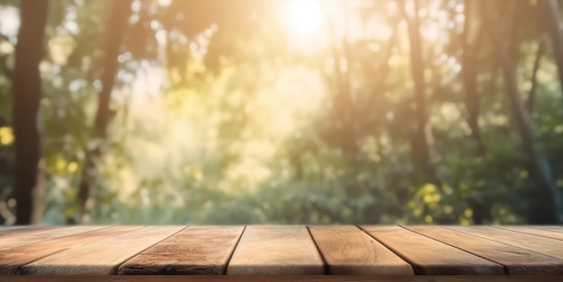 lege houten tafel met prachtige lente natuurlijke achtergrond in de natuur achtergrond Generatieve AI