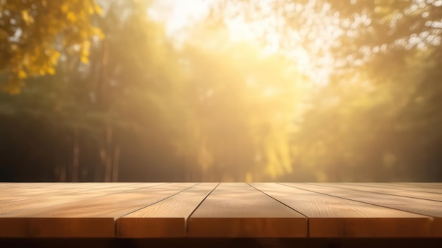 lege houten tafel met prachtige lente natuurlijke achtergrond in de natuur achtergrond Generatieve AI
