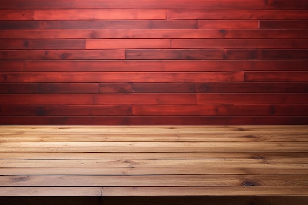 lege houten tafel met rode muur bakstenen achtergrond