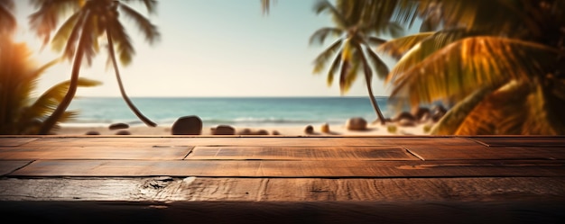 Lege houten tafel met tropisch strandthema op de achtergrond