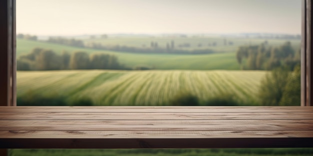 Lege houten tafel met uitzicht op de natuur uit het raam achtergrond Generatieve Ai