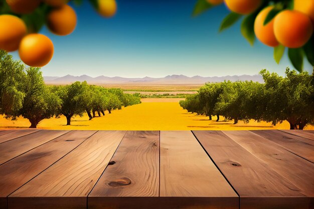 Lege houten tafel met vrije ruimte boven oranje