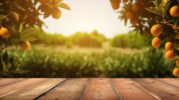 Lege houten tafel met vrije ruimte over sinaasappelbomen oranje veld achtergrond Voor productweergave montage Generatieve AI