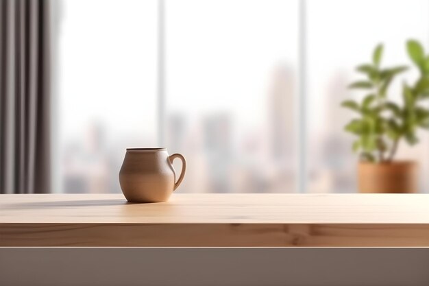 Lege houten tafel met wazig modern appartement interieur achtergrond