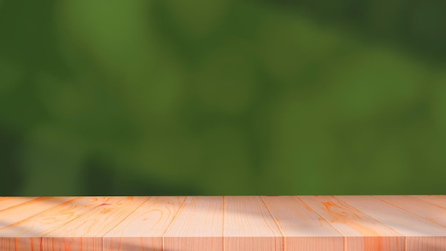 Lege houten tafel met zonlicht en schaduw op de achtergrond wazig groene binnenmuur