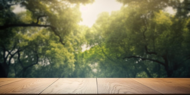 Lege houten tafel op groene natuur achtergrond Generatieve Ai gemaakt