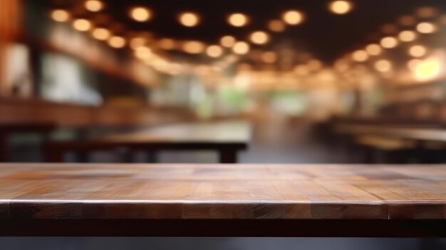 Lege houten tafel platform en onscherpe achtergrond bokeh van bar restaurant 's nachts