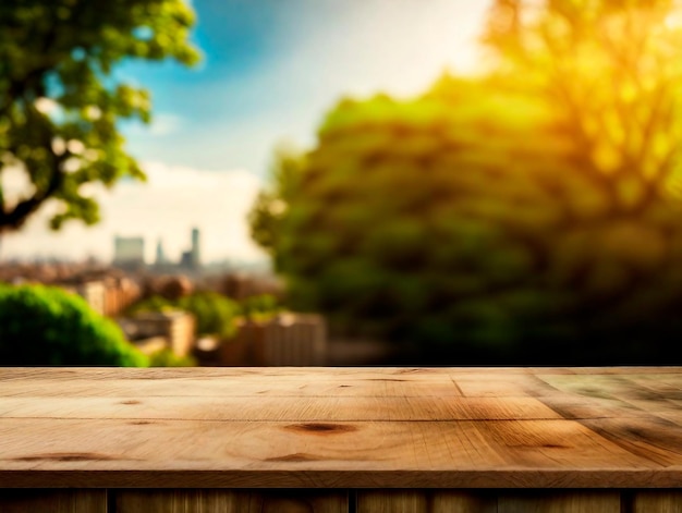 Foto lege houten tafel rustieke stijl productpresentatie met wazige achtergrond stadspark