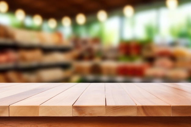 Lege houten tafel tegen supermarkt plank achtergrond wazig achtergrond