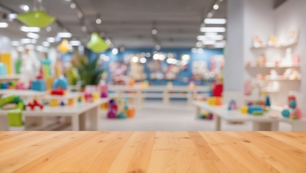 Foto lege houten tafel voor de tentoonstelling van producten met achtergrond van een speeltuin binnen
