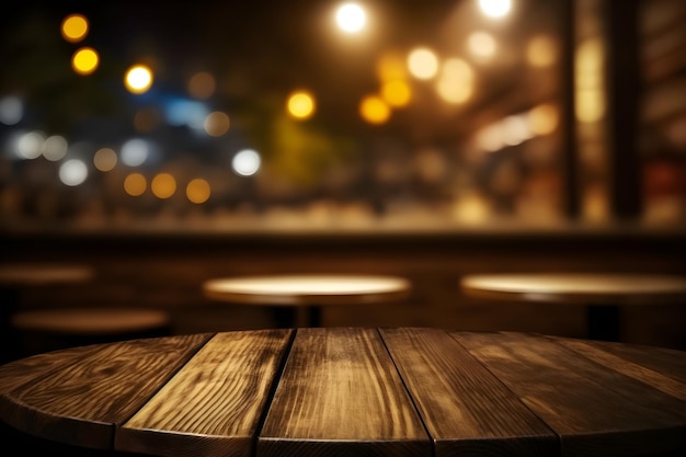 Lege houten tafel voor het weergeven van producten mockup met bokeh achtergrond