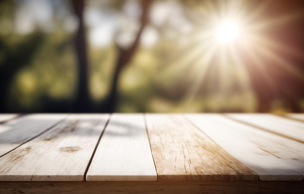 Lege houten tafel voor productpresentatie met wazige tuinachtergrond Ai generatief