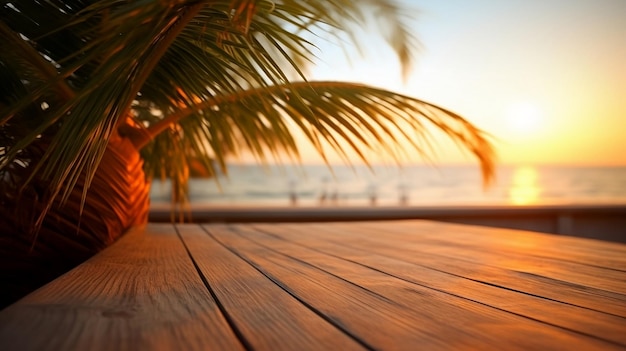 Lege houten tafel voor productvertoning met dageraad op zee strand vage achtergrond Ai generatief