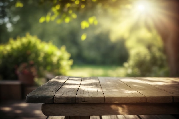 Lege houten tafel voor productweergave met wazige tuinachtergrond Ai generatief