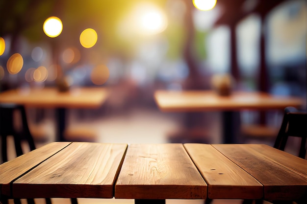 Lege houten tafel voor productweergave op onscherpe achtergrond van restaurant 's nachts