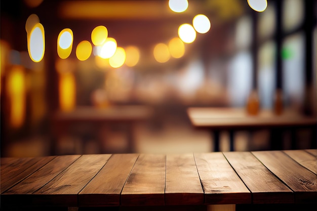 Lege houten tafel voor productweergave op onscherpe achtergrond van restaurant 's nachts