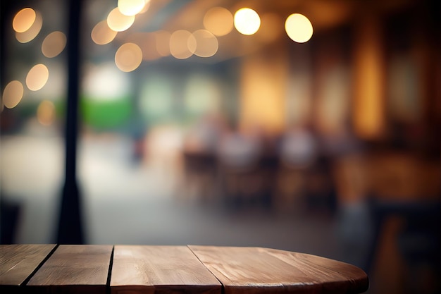 Lege houten tafel voor productweergave op onscherpe achtergrond van restaurant 's nachts