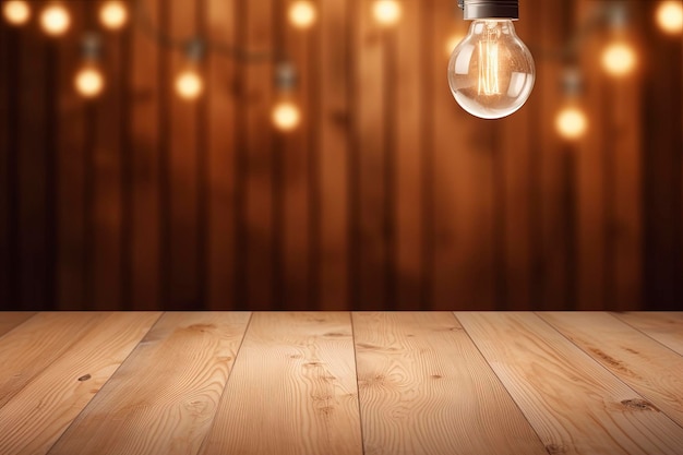 Lege houten tafel voor wazige houten muur en lichte lampachtergrond voor productweergave
