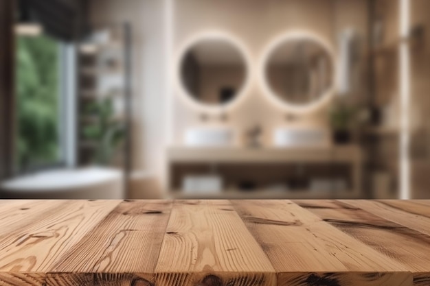 Lege houten tafelblad en wazig badkamerinterieur op de achtergrond Kopieer ruimte voor uw object product cosmetische presentatie Display promotie reclame Generatieve AI
