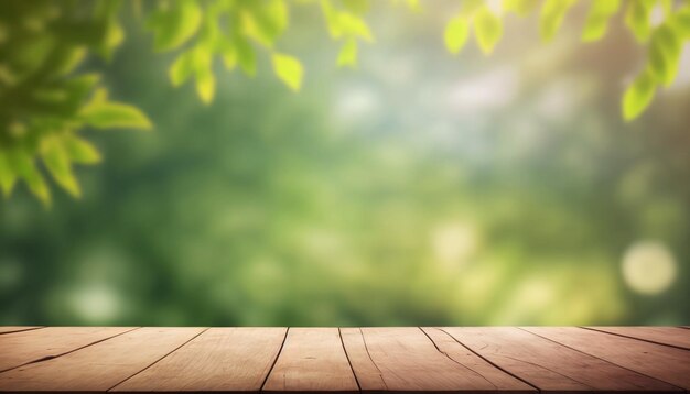 Lege houten tafelblad en wazig zicht vanaf groene boom tuin bokeh achtergrond