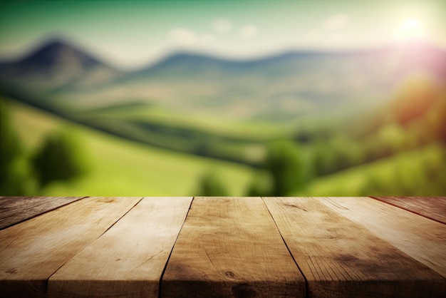 Lege houten tafelblad wazig groene heuvels weergave achtergrond gemaakt met Generative AI