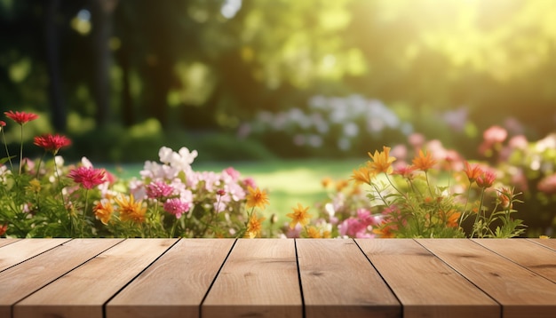 Foto lege houten tafelplaat met tuinbloemen