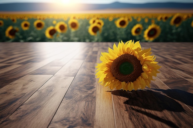 Lege houten vloer tafelblad met zonnebloemvelden op de achtergronden