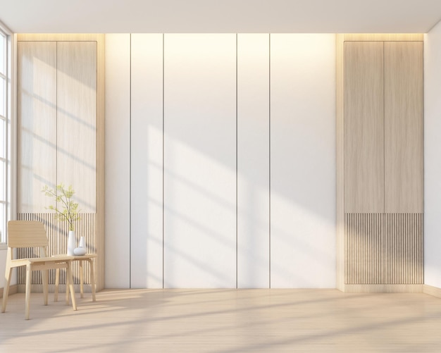 Foto lege kamer in japanse stijl met minimalistische leunstoel houten kledingkast en witte muur 3d-rendering