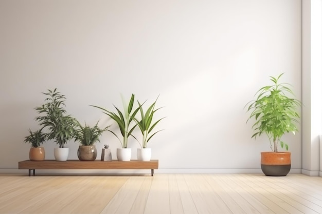 Lege kamer interieur met planten en ingemaakte op houten vloer Stilleven concept