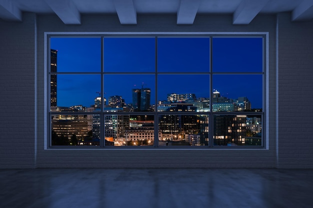 Lege kamer interieur wolkenkrabbers uitzicht stadsgezicht Downtown Seattle City Skyline gebouwen van hoogbouw raam mooie onroerend goed nachttijd 3D-rendering