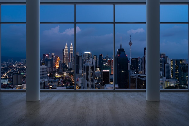 Lege kamer interieur wolkenkrabbers weergave Maleisië Downtown Kuala Lumpur City Skyline gebouwen van hoogbouw raam mooie dure onroerend goed met uitzicht op nacht 3D-rendering