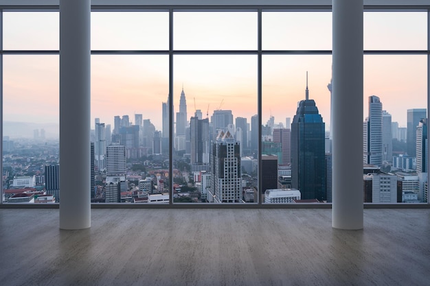 Lege kamer interieur wolkenkrabbers weergave MaleisiëDowntown Kuala Lumpur stad skyline gebouwen van hoogbouw raam mooie dure onroerend goed met uitzicht op zonsondergang 3D-rendering