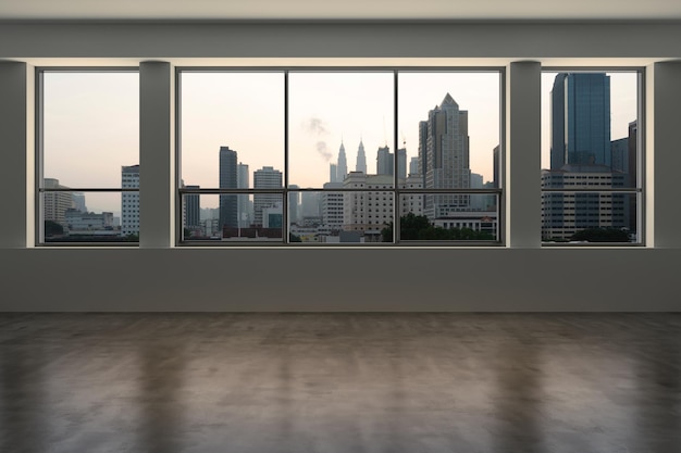 Lege kamer interieur wolkenkrabbers weergave MaleisiëDowntown Kuala Lumpur stad skyline gebouwen van hoogbouw raam mooie dure onroerend goed met uitzicht op zonsondergang 3D-rendering