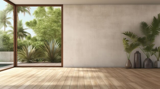 Lege kamer met grijze muur houten vloer met planten en raam interieur mockup