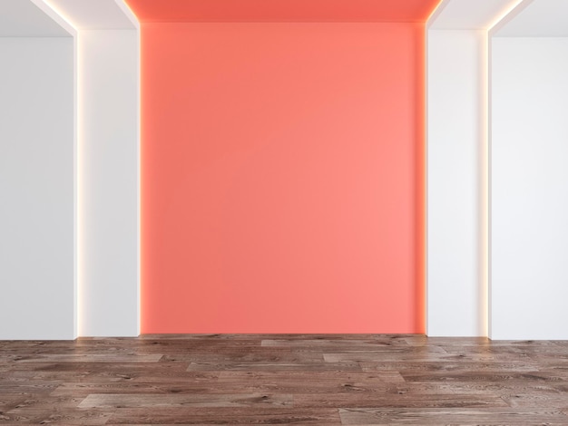 Lege kamer met koraalroze kleur blinde muur verborgen lichte parket houten vloer