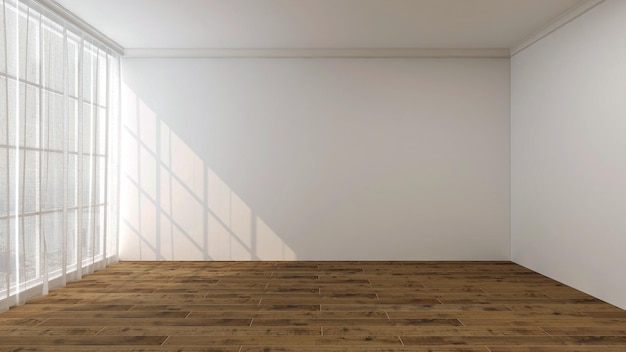 Lege kamer met witte muur houten vloer breed panoramisch raam donkergrijs gordijn