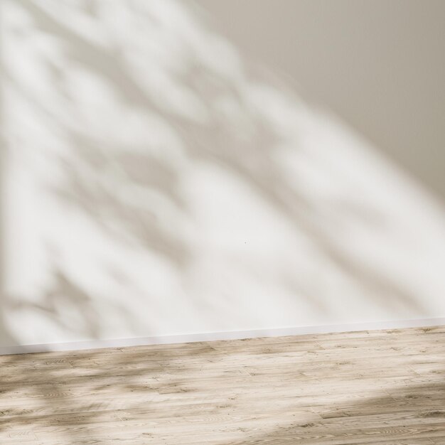 lege kamer mock-up met houten vloer en lege witte muur met zonlicht en bladeren schaduw 3d rendering