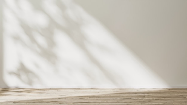 Foto lege kamer mock-up met houten vloer en lege witte muur met zonlicht en bladeren schaduw, 3d-rendering