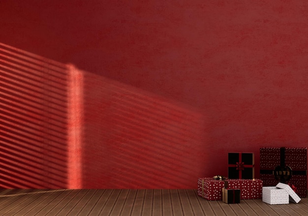 Lege kamer rode kleur muur met kerstcadeau bo