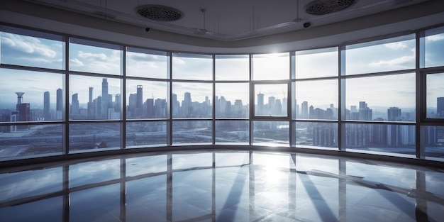 Lege kantoorvloer met raam en uitzicht op de stad Generatieve AI AIG18